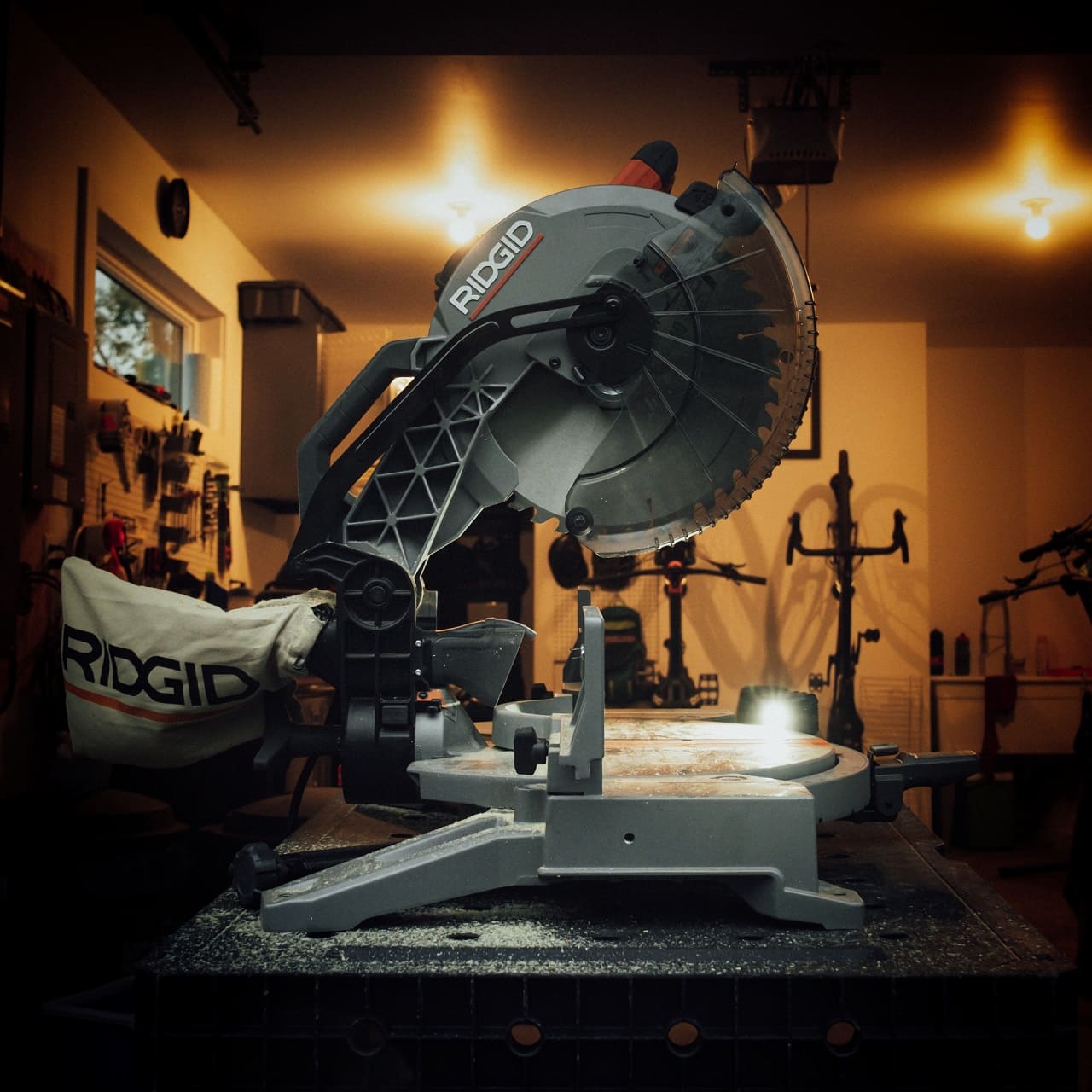 ridgid miter saw in wood workshop